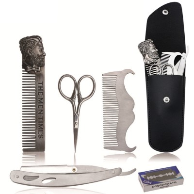 6Pcs Set Beard Grooming   Trimming Kit Razor Comb Scissors Mustache Styling Tool